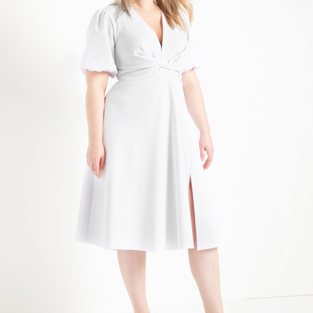 PUFF SLEEVE FIT AND FLARE DRESS WHITE WITH SPLIT